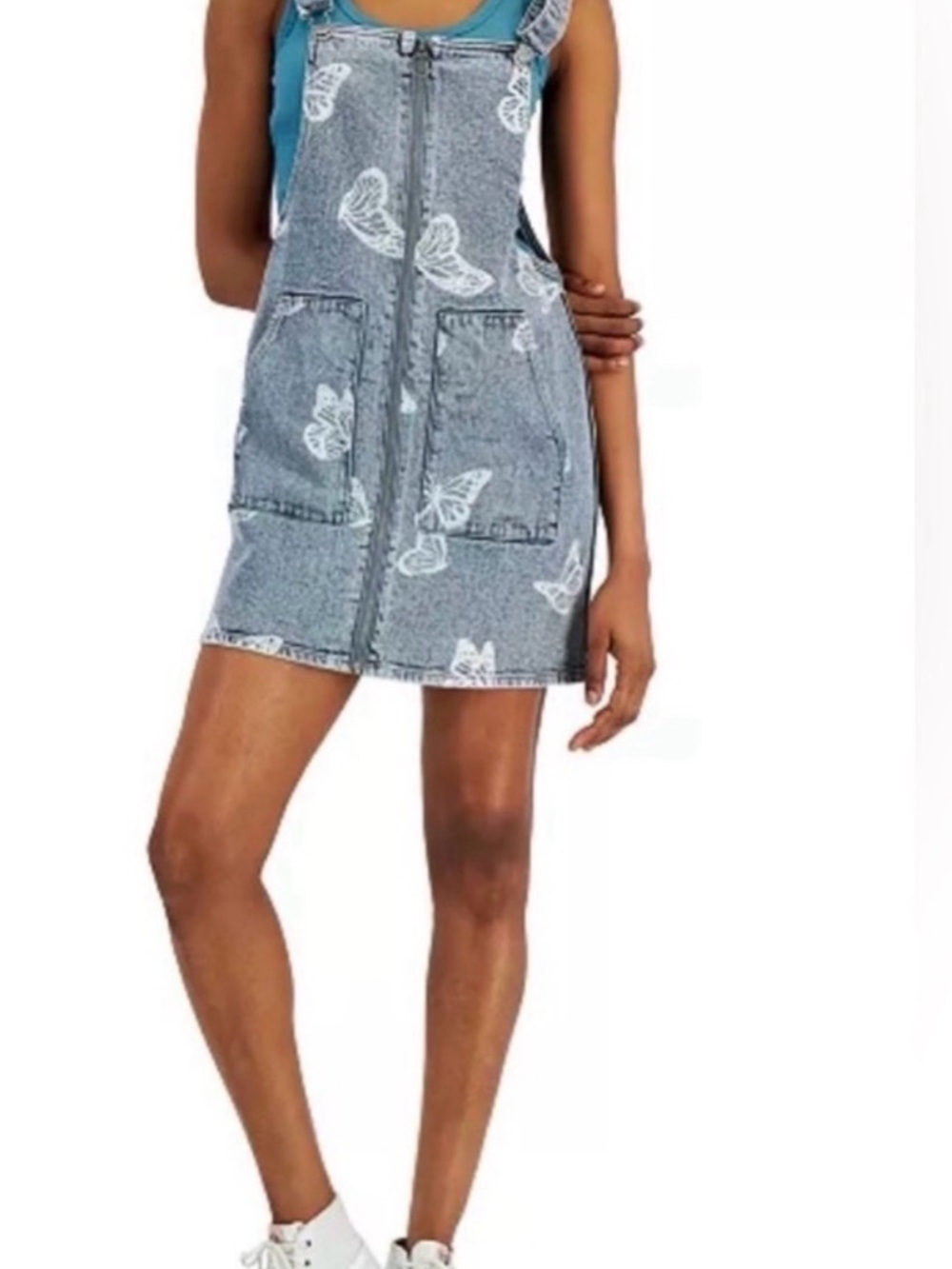Tinseltown Blue Denim Butterfly Zip-Front Mini Dress